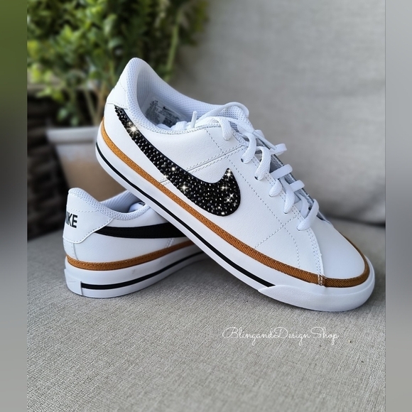 Bling Nike Court Legacy White Sneakers made with Black Crystals Custom Womens - Picture 4 of 7